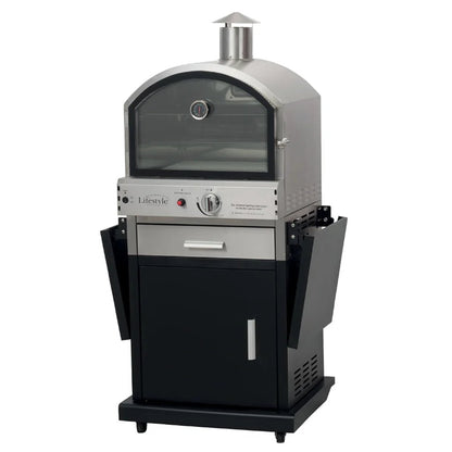 Lifestyle Verona Alfresco gas pizza oven stainless steel and black with glass door control panel and storage cabinet