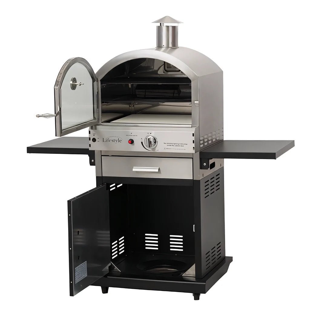 Lifestyle Verona Alfresco gas pizza oven in stainless steel and black with arched door, side shelves, and storage compartment