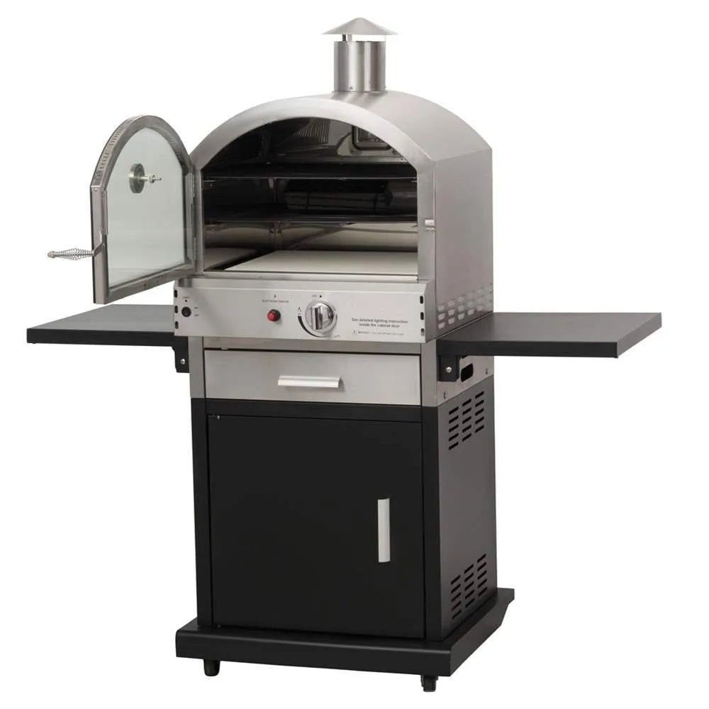 Lifestyle Verona Alfresco gas pizza oven stainless steel and black with glass door side shelves and storage drawer