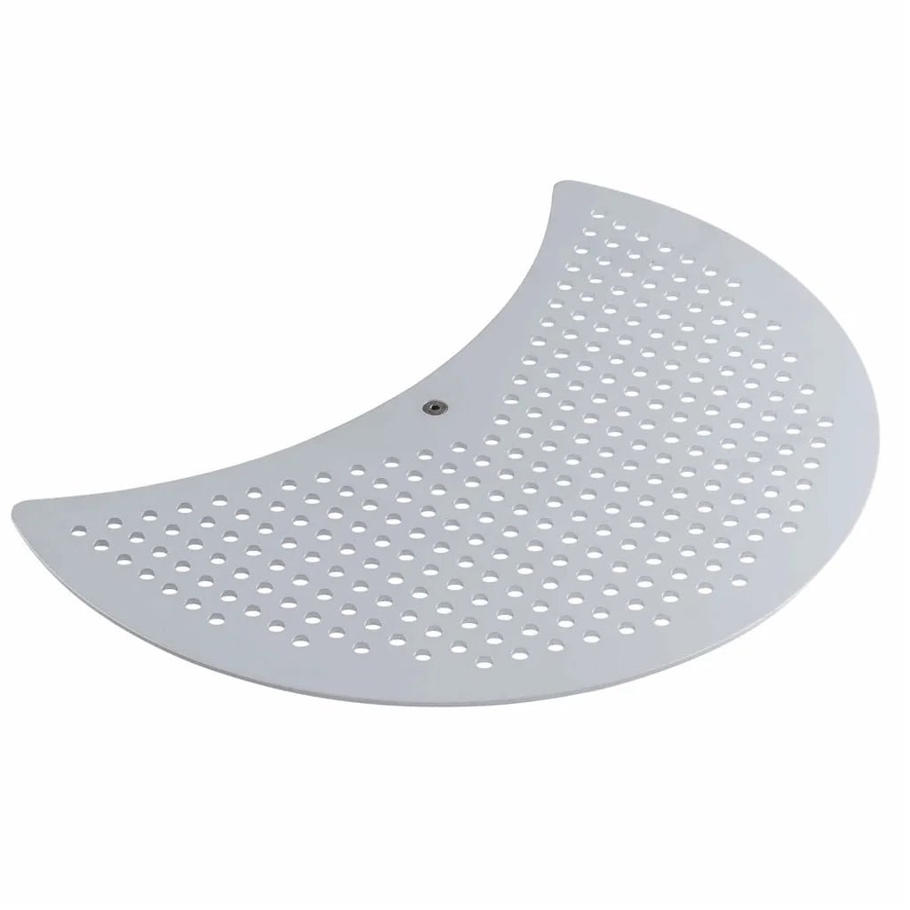 White crescent-shaped metal mesh panel with perforations on martinsen sideboard 120 121