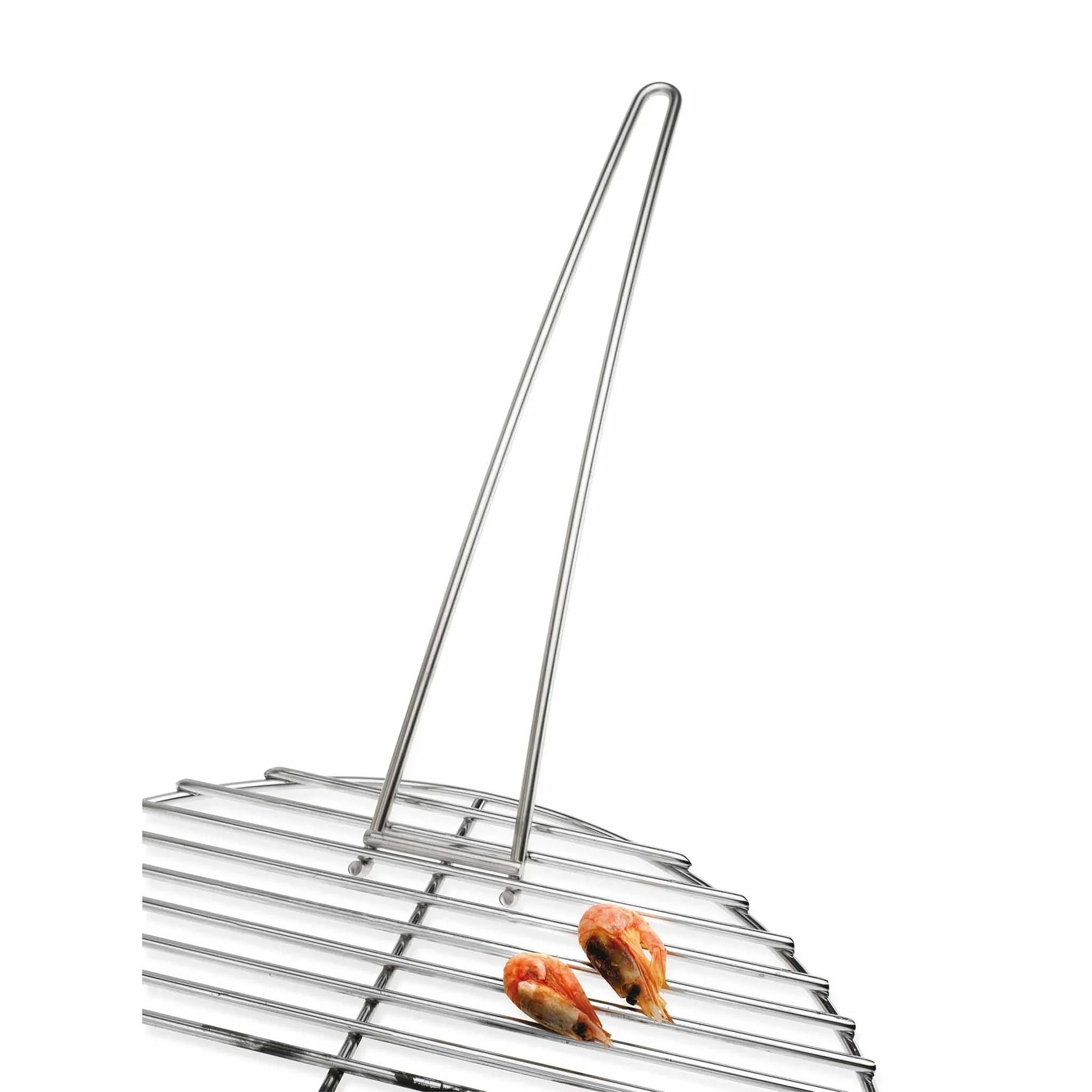 Silver stainless steel martinsen steel grid handle grill rack with curved handle for grilling shrimp and small seafood