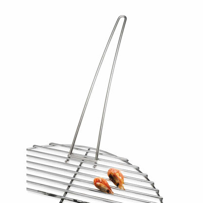 Silver stainless steel martinsen steel grid handle grill rack with curved handle for grilling shrimp and small seafood