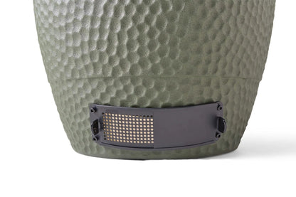 Olive-green textured ceramic grill with black metal vent panel part of moddern kamado complete aluminium mkglca