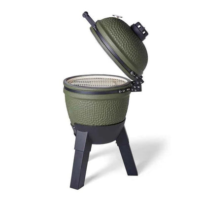 Olive green ceramic moddern kamado complete aluminium grill with black metal legs and lid hinge for outdoor cooking