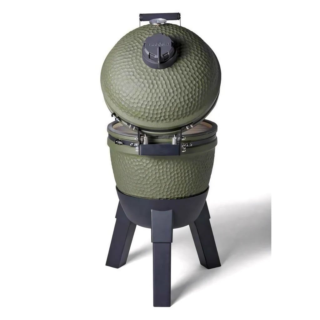Olive green ceramic moddern kamado complete aluminium grill with textured surface and black metal legs