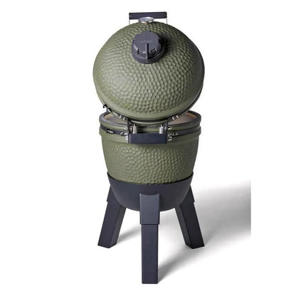 Olive green ceramic moddern kamado complete aluminium grill with textured surface and black metal legs