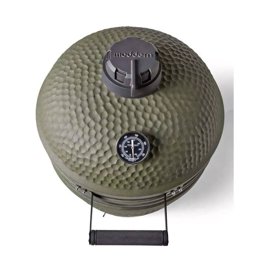 Moddern kamado complete aluminium ceramic grill in olive green with textured finish and black lid knob and temperature gauge