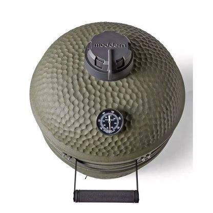 Moddern kamado complete aluminium ceramic grill in olive green with textured finish and black lid knob and temperature gauge