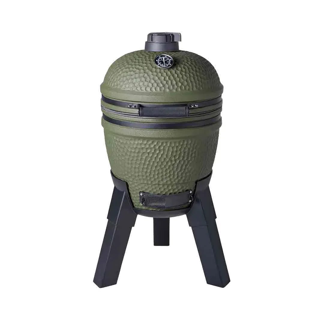 Olive green ceramic egg shaped moddern kamado complete aluminium grill with black metal legs and top temperature gauge