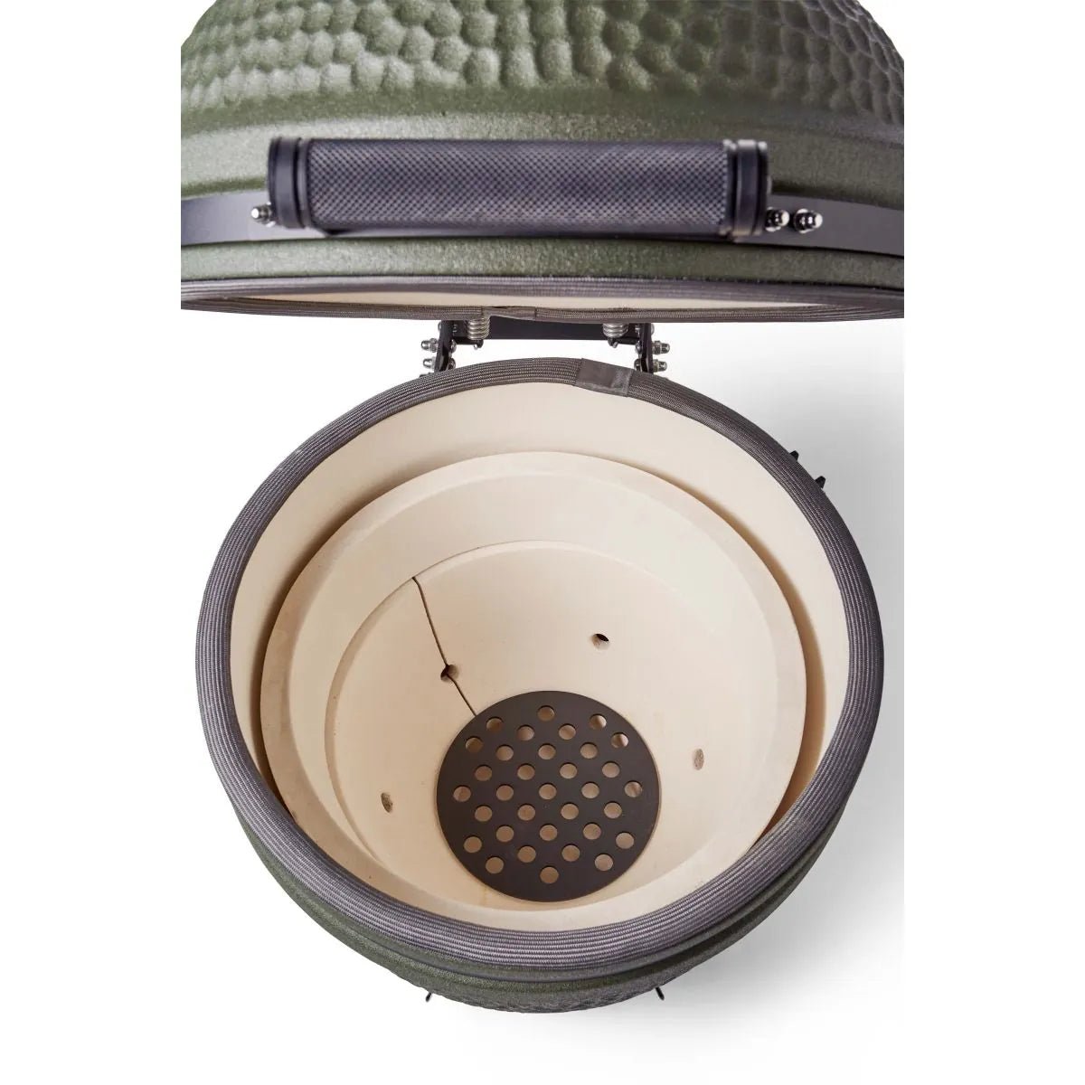 Olive green ceramic moddern kamado complete aluminium grill with textured exterior black handle and cream clay lining
