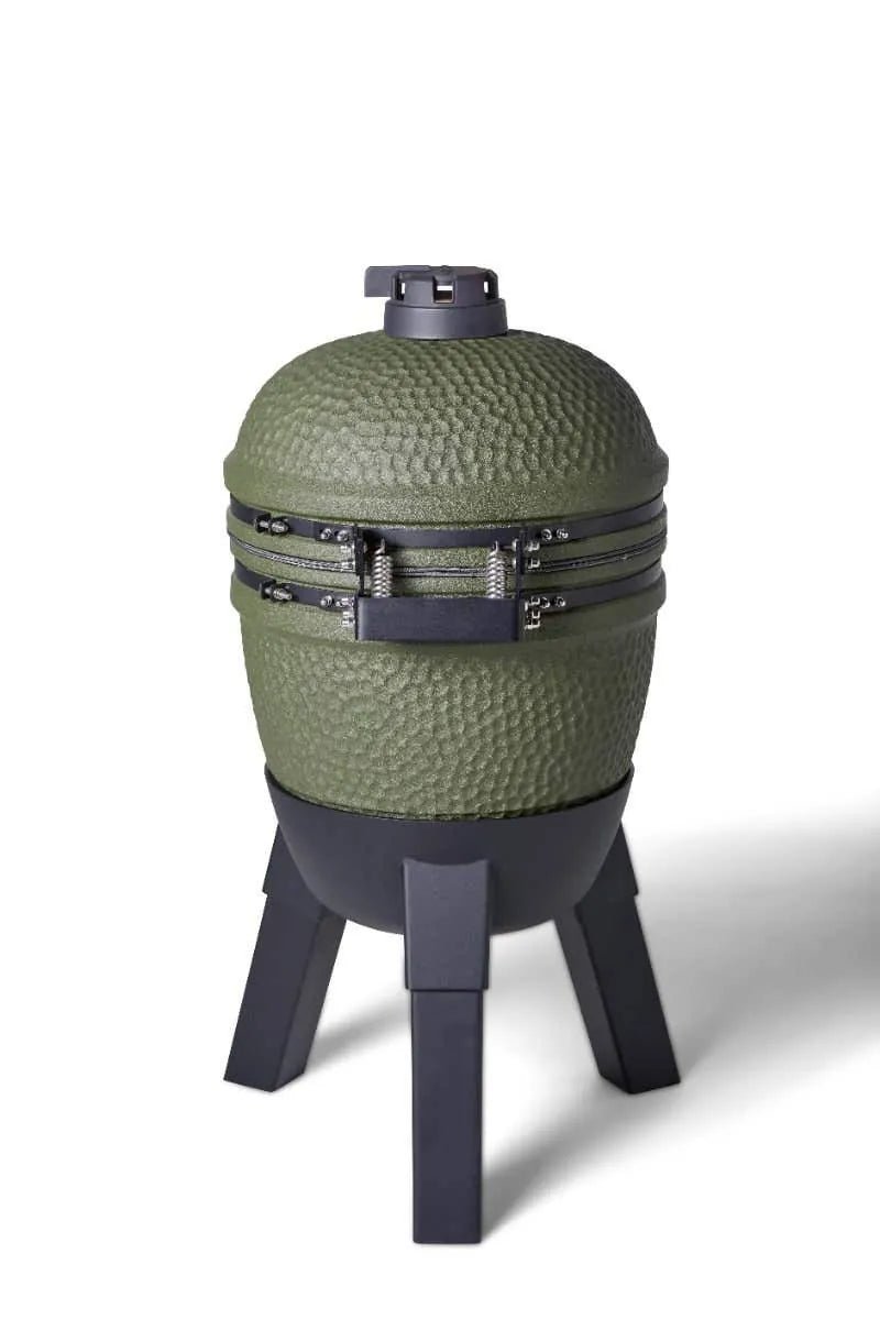 Olive green ceramic kamado grill with black metal legs and clamps made from aluminium for outdoor cooking