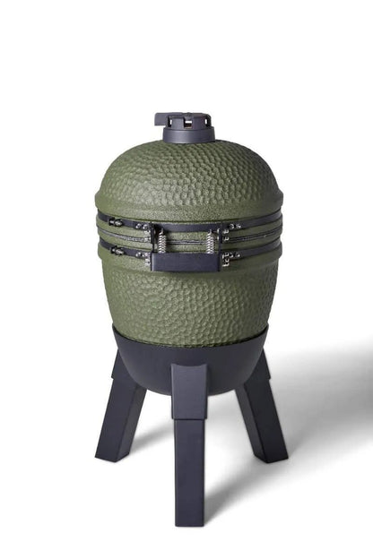 Olive green ceramic kamado grill with black metal legs and clamps made from aluminium for outdoor cooking