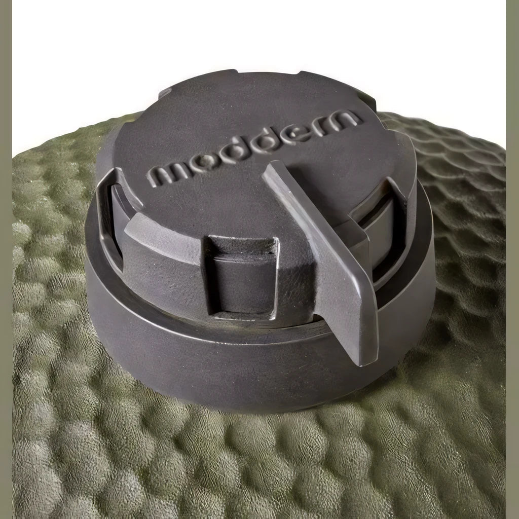 Dark gray textured lid with moddern embossed on the moddern kamado complete aluminium grill lid