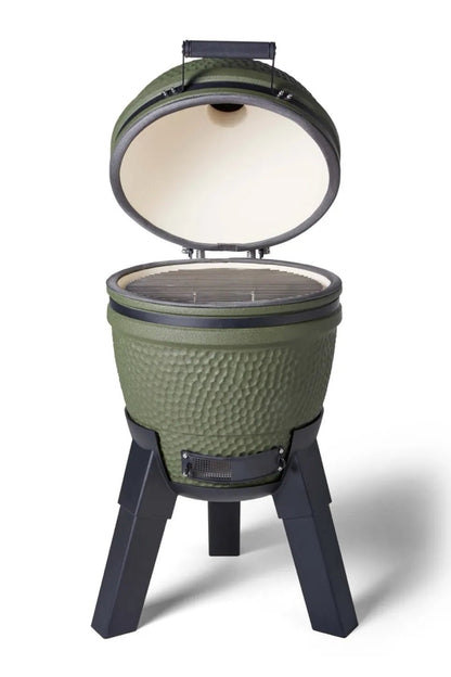 Olive green ceramic egg-shaped moddern kamado complete aluminium grill with black metal legs and white interior