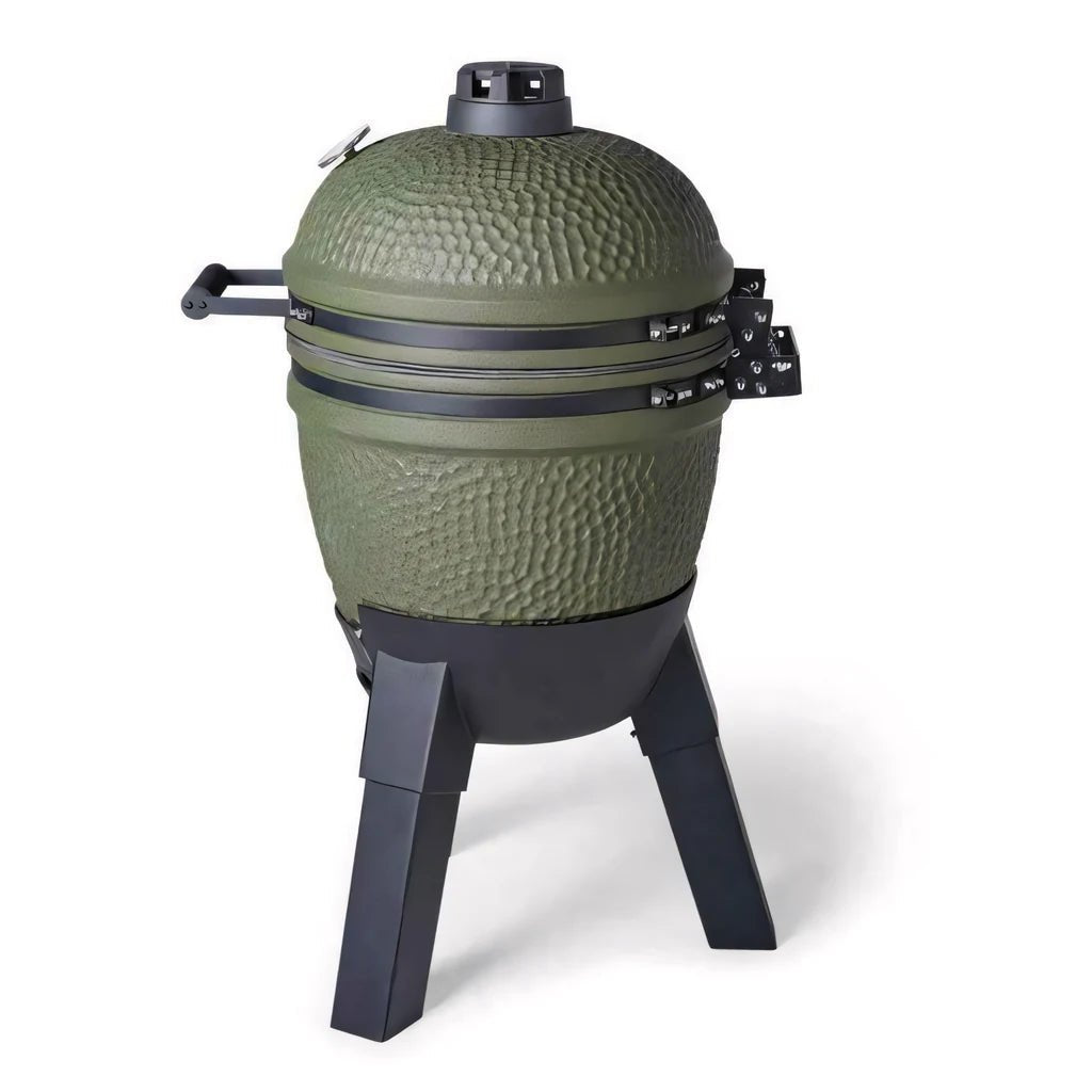 Olive green ceramic egg-shaped grill with black metal legs and handle in moddern kamado complete aluminium mkglca