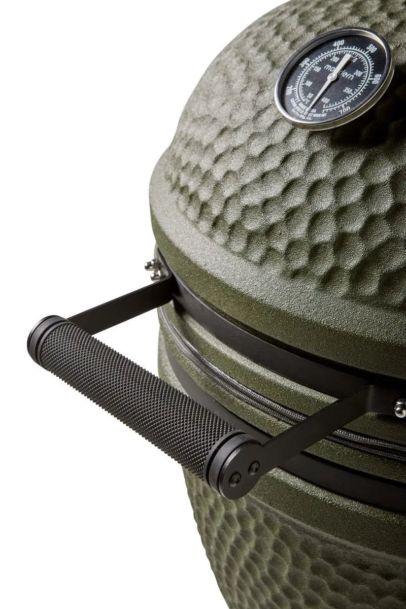 Olive green textured ceramic grill with black temperature gauge and handle for modern kamado complete aluminium mkglca
