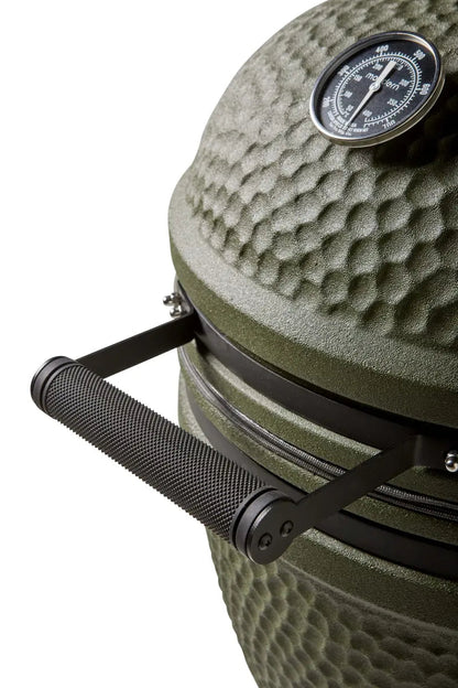 Olive green textured ceramic grill with black temperature gauge and handle for modern kamado complete aluminium mkglca