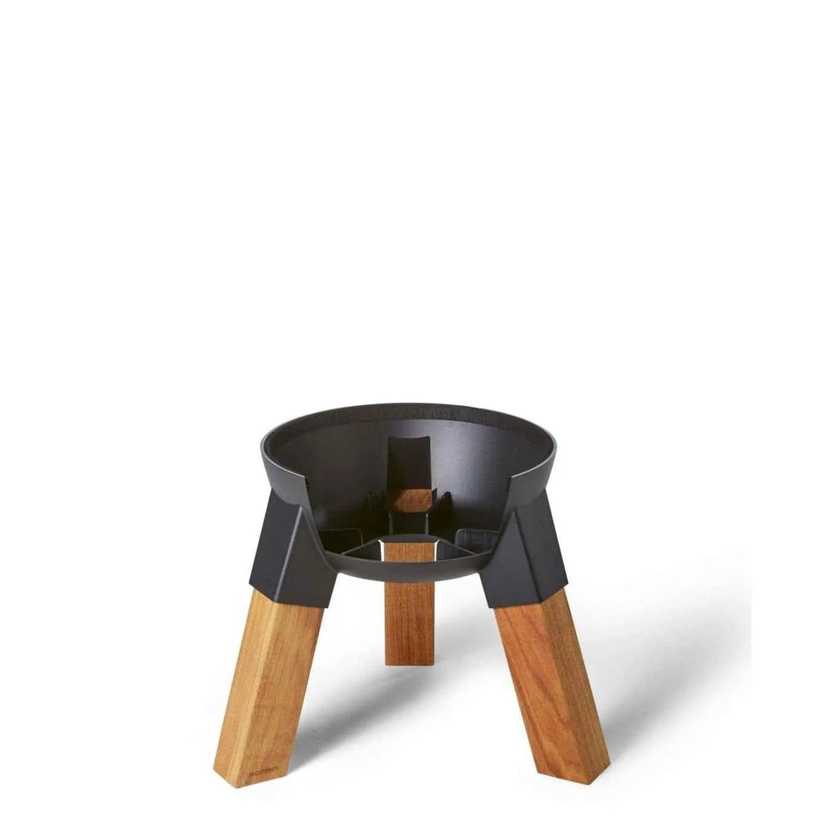 Black and wood three-legged fire pit with modern minimalist design featuring natural wood pedestal legs ma133