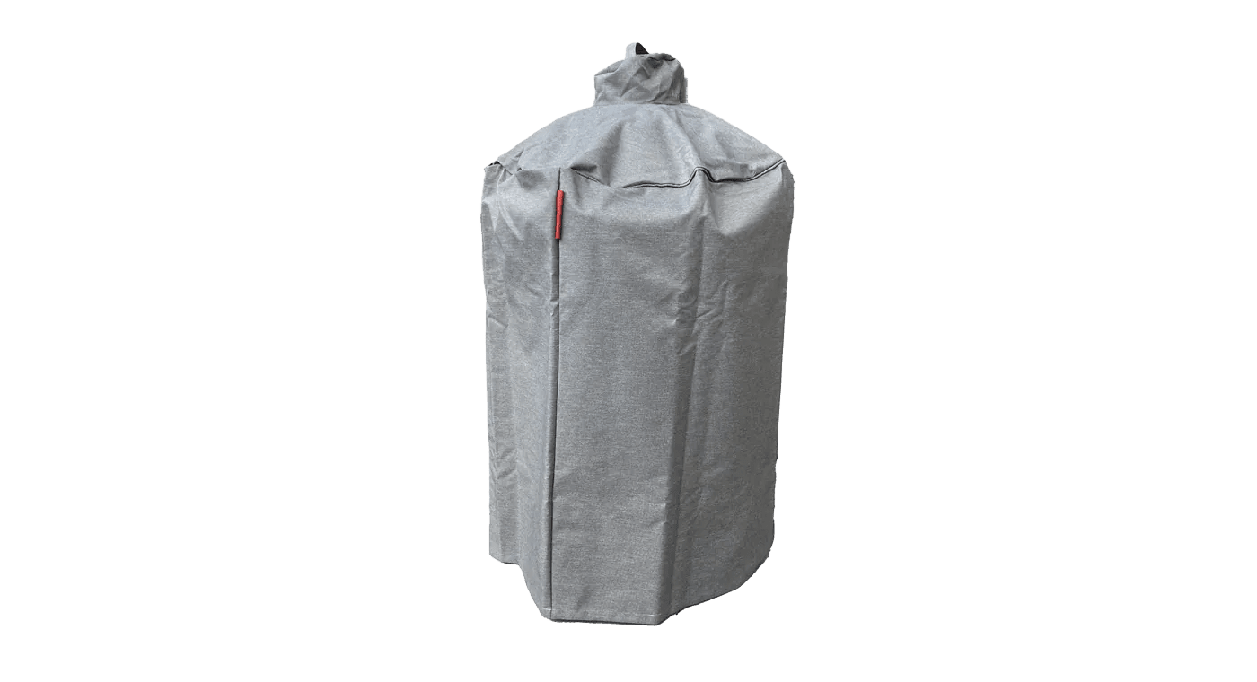 Moddern kamado protection cover with gray fabric, red zipper pull, and gathered top for secure fit