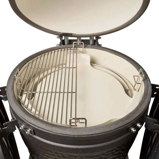 Black ceramic kamado grill with round hinged lid and interior metal grates for modern stainless steel grill half-moon ma121