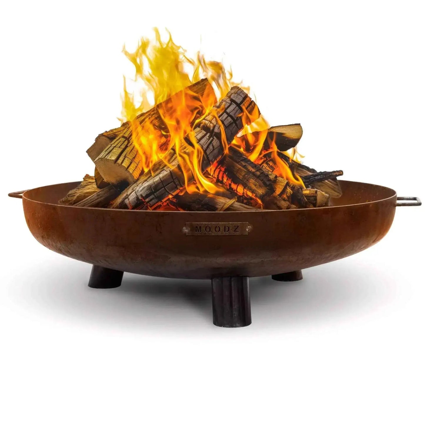 Rustic brown corten metal fire pit with three sturdy legs and burning wood in moodz feet and handle fire bowl