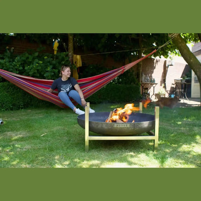 Bronze metal fire pit with gold frame and woodz engraving in moodz frame for garden fire bowls square design