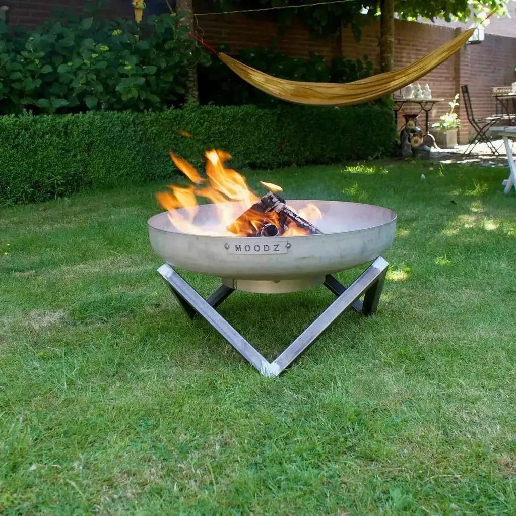 Silver metal fire pit with triangular stand and moodz engraving for garden fire bowls star stainless steel model