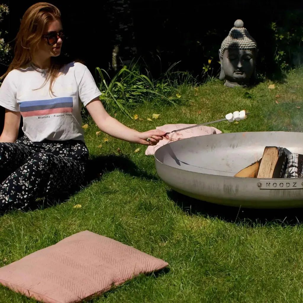 Silver metallic stainless steel fire bowl with moodz engraved on its side in size range 60-120cm