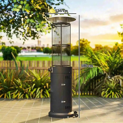 Outsunny 11kw gas patio heater in black with a metal frame mesh top adjustable height and wheels standing 180 cm tall