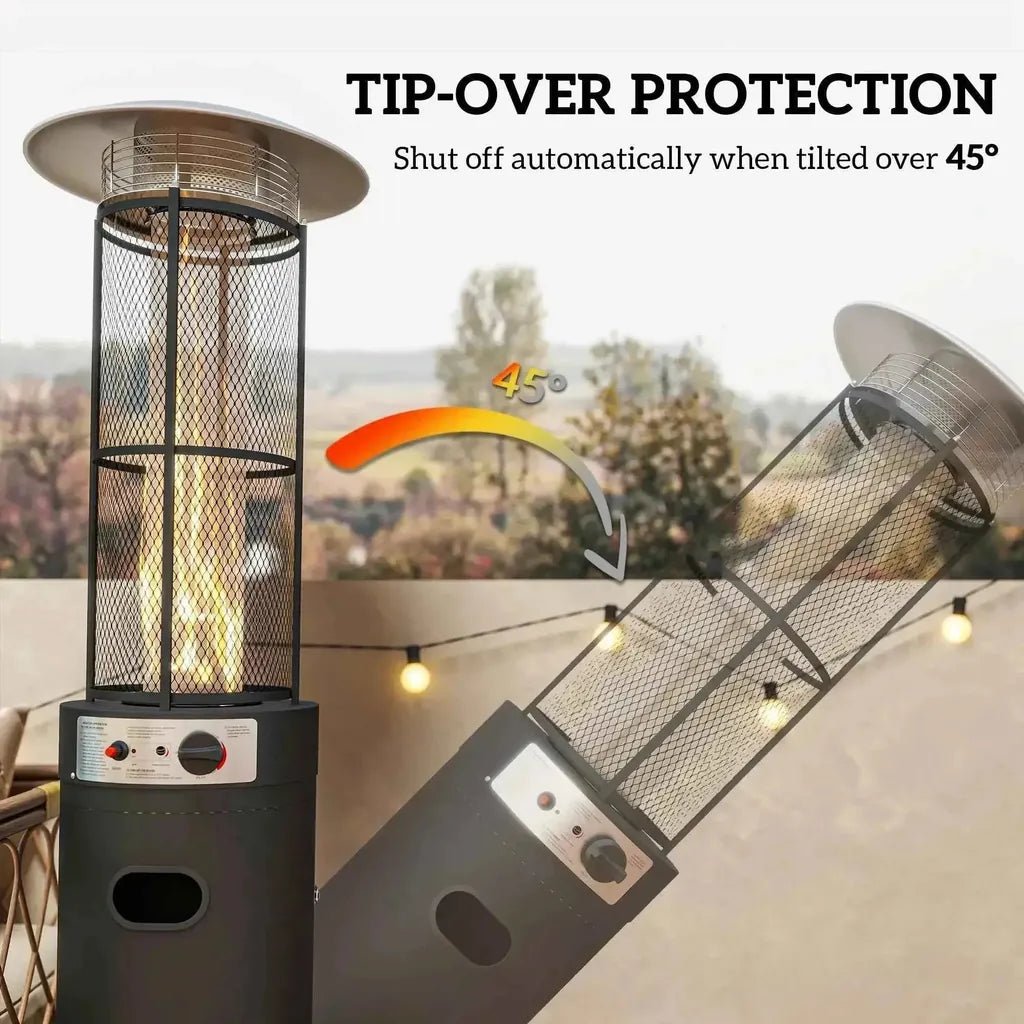 Black metal outsunny 11kw gas patio heater with mesh cage, glowing flame, tip over protection, and wheels