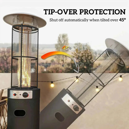Black metal outsunny 11kw gas patio heater with mesh cage, glowing flame, tip over protection, and wheels