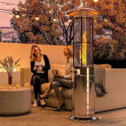 Outsunny 11kw stainless steel cylindrical patio heater with mesh top and glowing flame on wheels for outdoor use