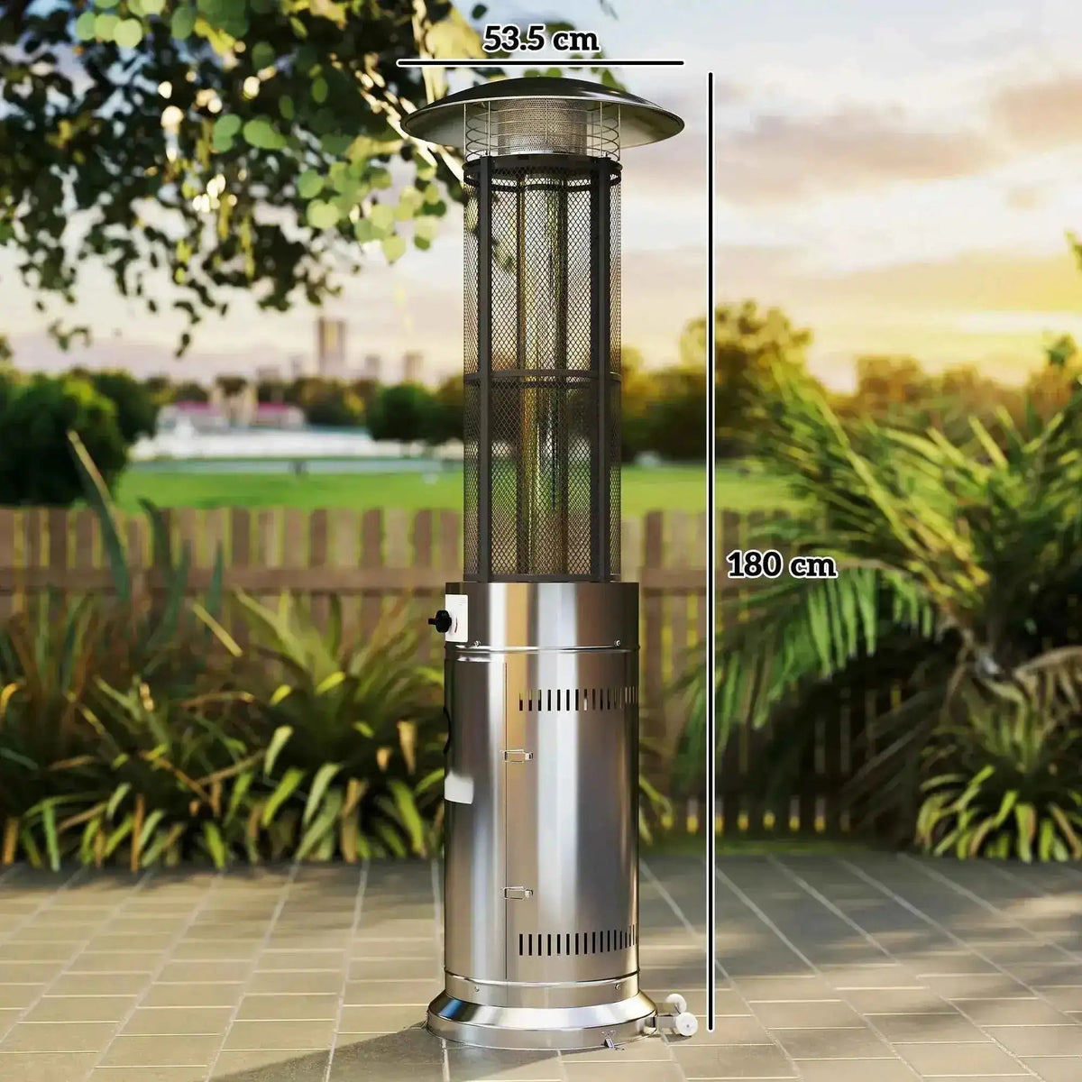Outsunny 11kw gas stainless steel patio heater with mesh cylindrical body and flat top standing 180 cm tall