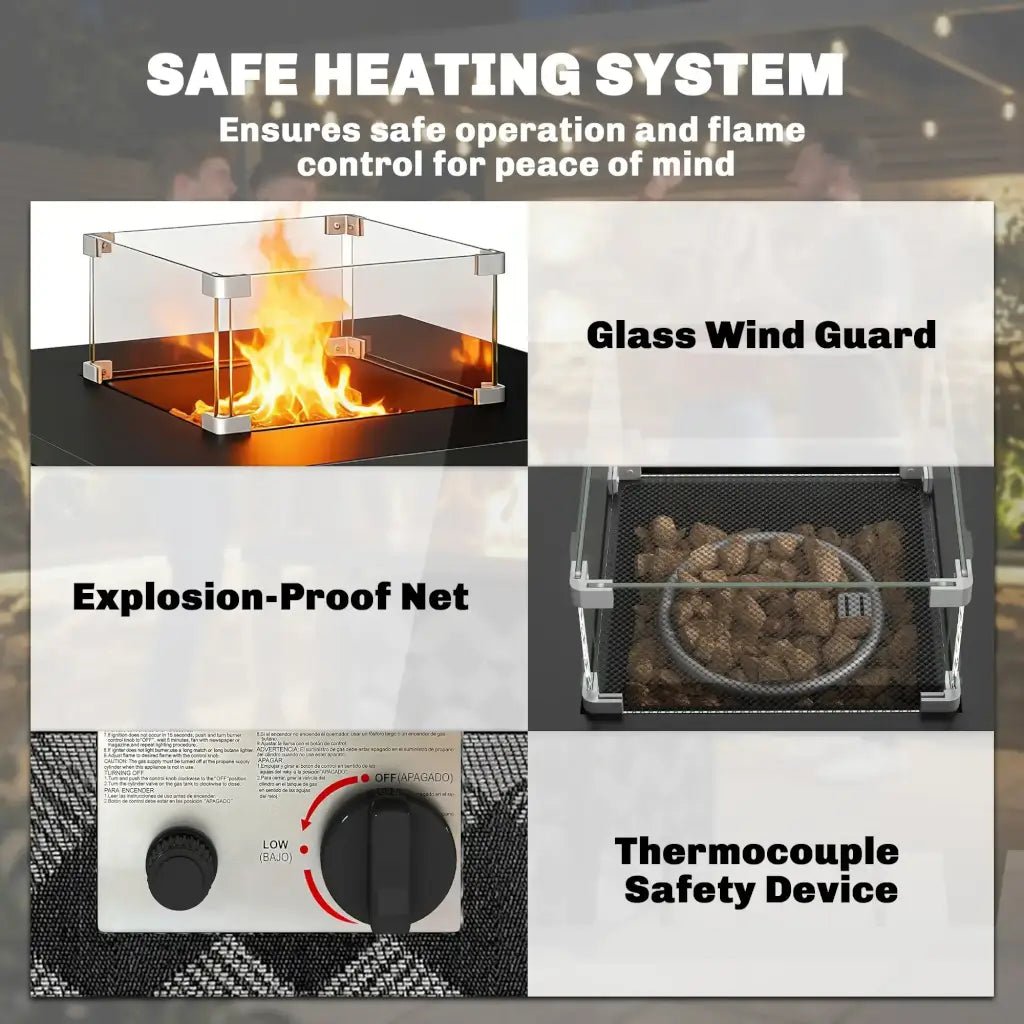 Outsunny 12 kW Gas Fire Pit Table – Square Coffee Table with Wind Guard | 842 - 461V70BK - Fire Pits, Fireplaces, Heating