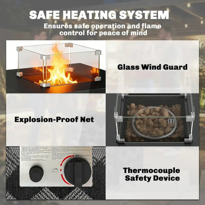 Outsunny 12 kW Gas Fire Pit Table – Square Coffee Table with Wind Guard | 842 - 461V70BK - Fire Pits, Fireplaces, Heating