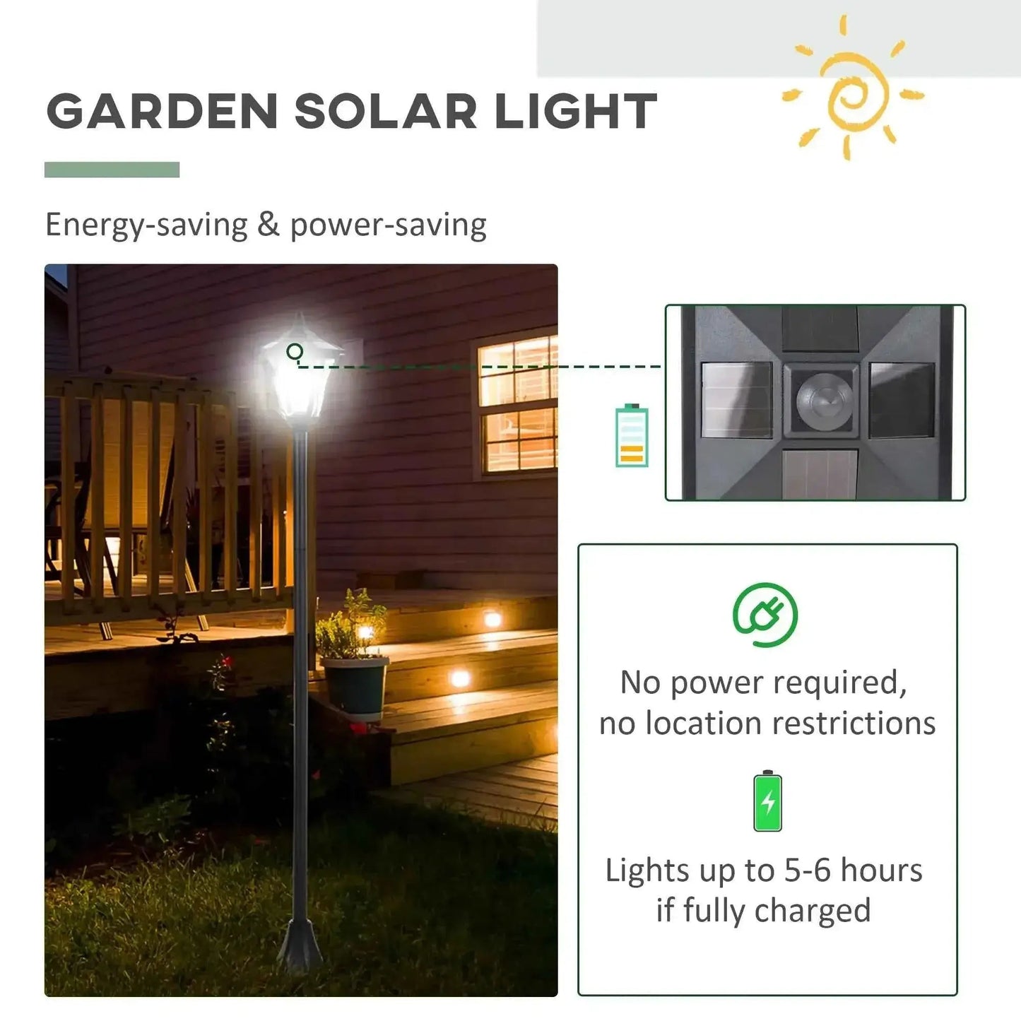 Outsunny 1.2m Solar Post Lamp, Photosensitive LED Bollard – Black | 842-107