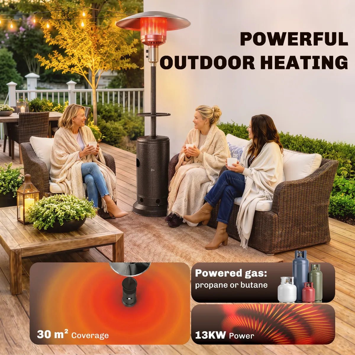 Outsunny 13 kW Gas Patio Heater with Side Table & Anti‑Tip Safety