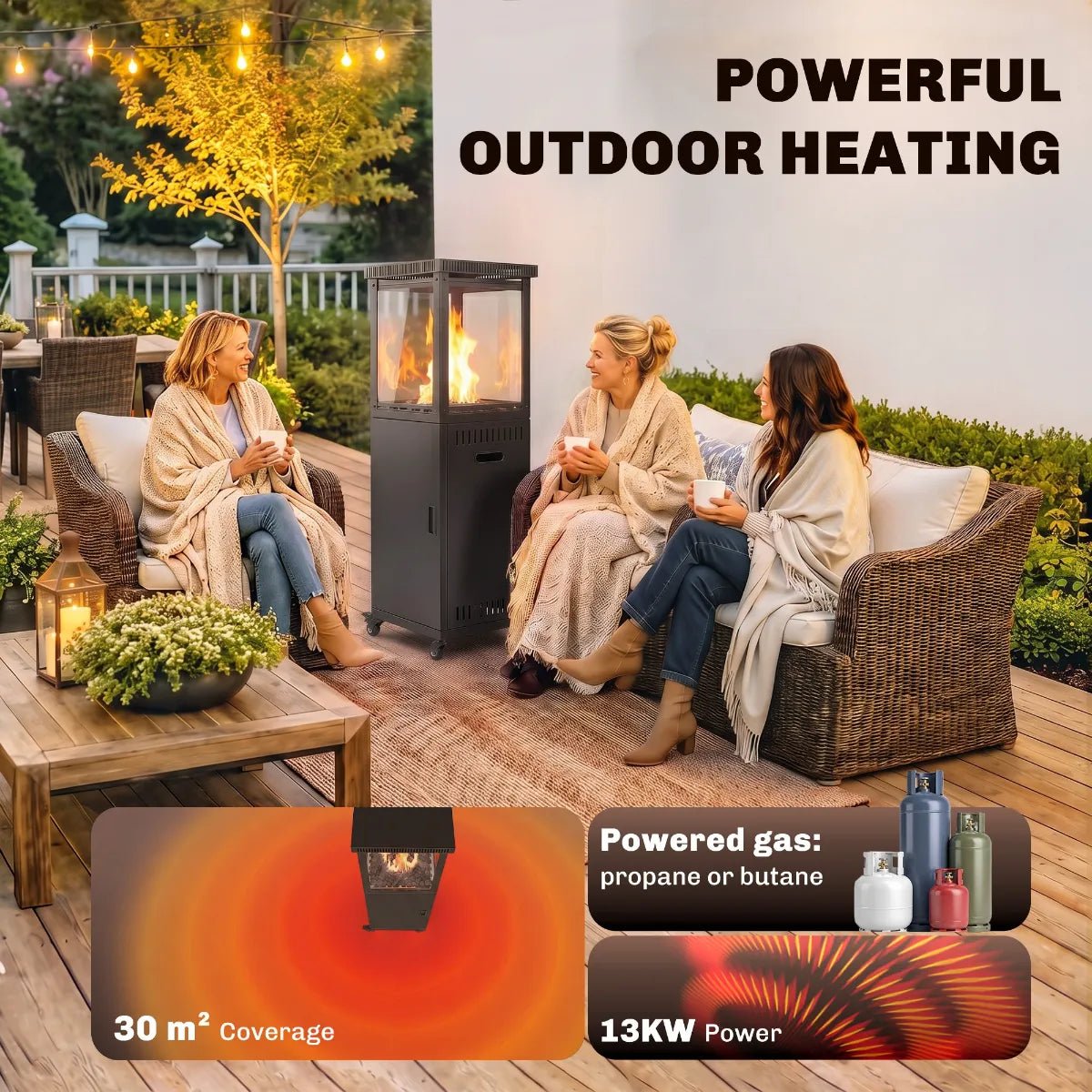 Outsunny 13 kW Glass‑Panel Gas Patio Heater — Premium Outdoor Heating with 360° Flame View