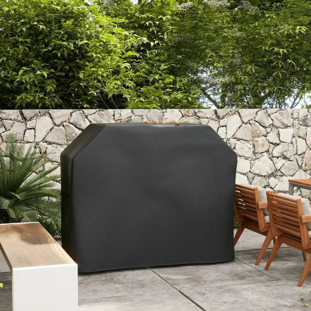 Outsunny black textured outdoor grill cover made of plastic coated material measuring 147 x 61 cm