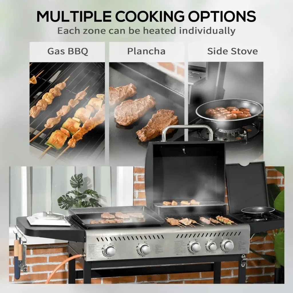 Outsunny 15kW Deluxe Duo Gas BBQ, with Grill, Plancha and Side Burner - Black 846 - 137V70BK - Garden & Outdoor
