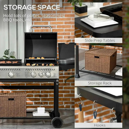 Outsunny 15kW deluxe duo black stainless steel gas grill with 4 burners side prep tables and storage rack with hooks