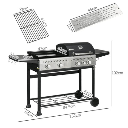 Outsunny 15kW Deluxe Duo Gas BBQ, with Grill, Plancha and Side Burner - Black 846 - 137V70BK - Garden & Outdoor