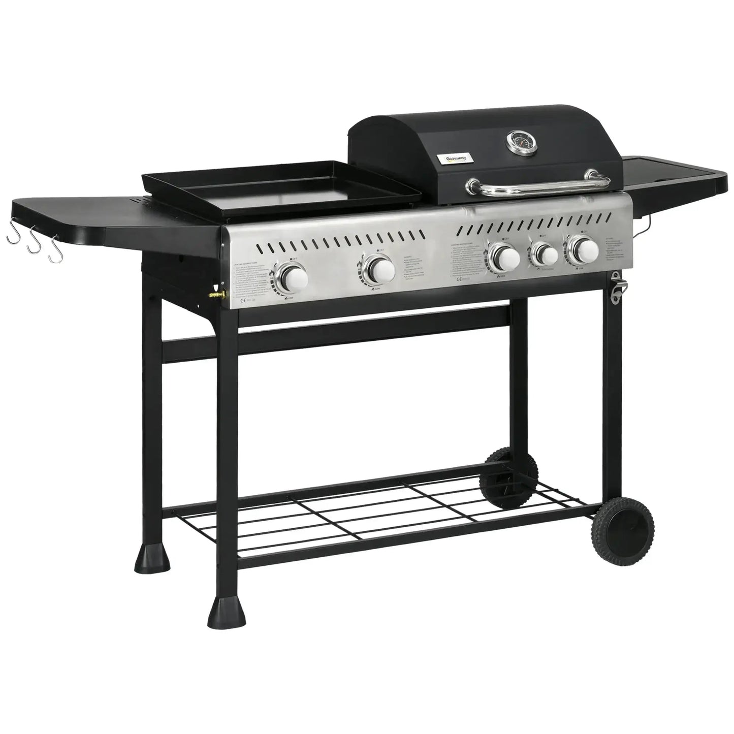 Outsunny 15kW Deluxe Duo Gas BBQ, with Grill, Plancha and Side Burner - Black 846 - 137V70BK - Garden & Outdoor