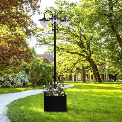 Black wrought iron three-light garden lamp with clear glass shades from outsunny 189cm 3-head solar lamp post with planter