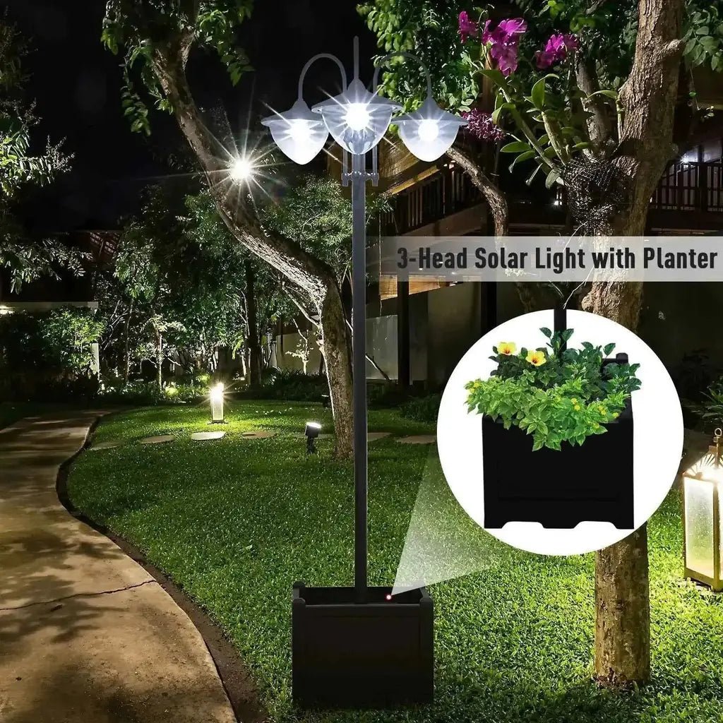 Outsunny black 189cm 3-head solar lamp post with integrated planter and ip44 weatherproof design
