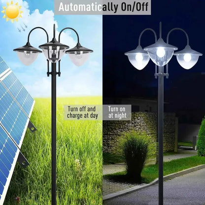 Outsunny 189cm black solar lamp post with three curved arms translucent white shades and automatic on off operation