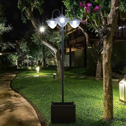 Black Outsunny 189cm three-light solar garden lamp post with frosted glass shades and planter IP44 weatherproof design