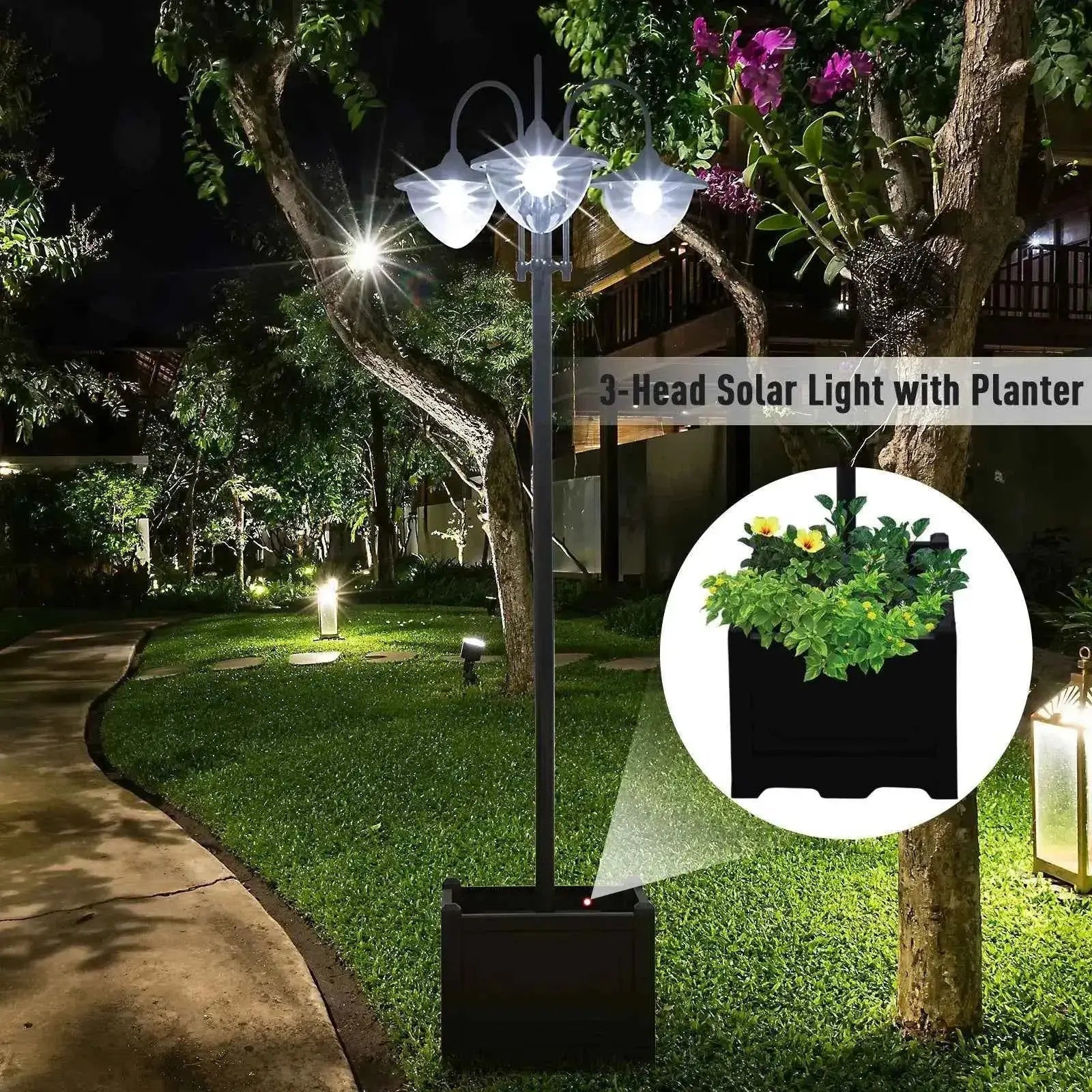 Outsunny 189cm 3-Head Solar Lamp Post with Planter, IP44 Black | 842-135