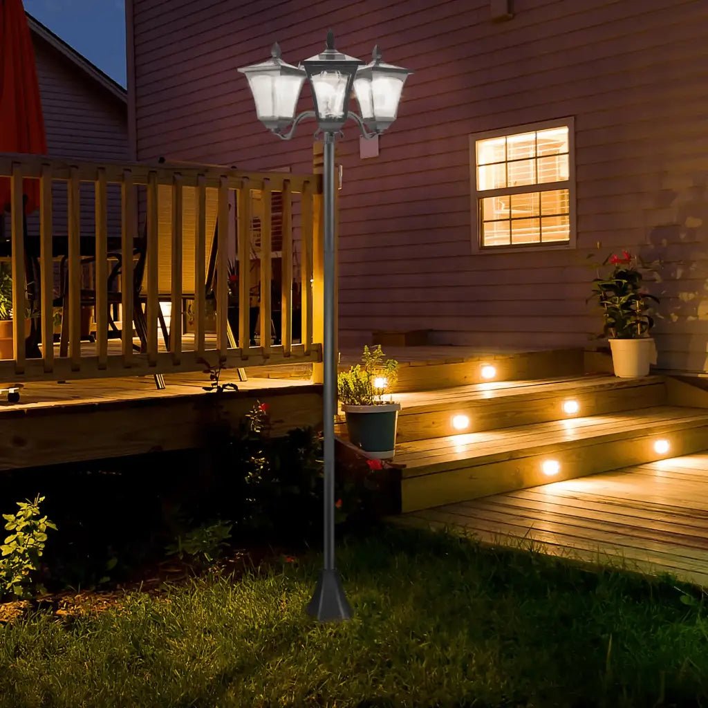 Outsunny 1.8m Traditional Victorian Style 3 Way Head Outdoor Garden Solar Post Lamp Sensor Dimmable LED Lantern Bollard Pathway IP44 – Black 842 - 109 - Garden & Outdoor