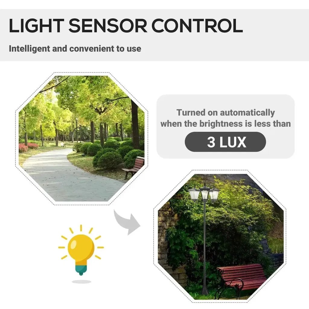 Outsunny 1.8m traditional victorian style 3-head solar lamp post with black metal pole and three glass shades outdoors